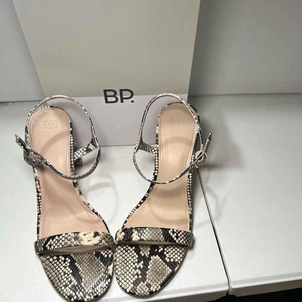 NIB Python Print BP Strappy Wide Block Heels 8.5 Vegan Leather